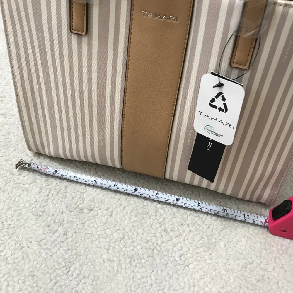 Tahari $149 MSRP Striped Satchel Bag + Dustbag Vegan Leather Cream